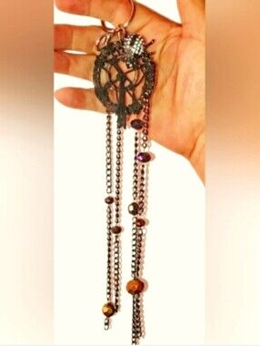 Handmade Long 8" Beaded Black Spider Web & Chains Keychain Bag Charm